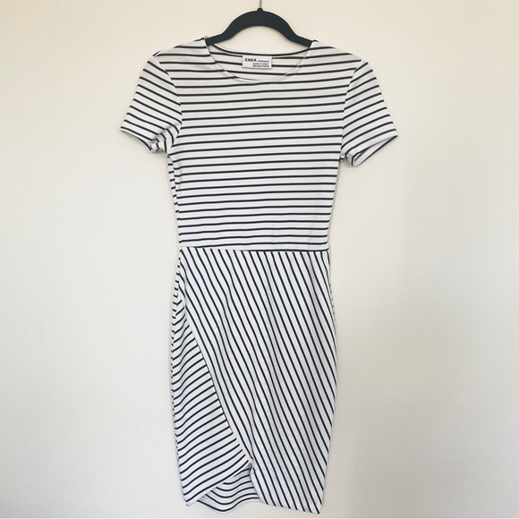 Zara Black and White Striped Asymmetrical Trafaluc Bodycon Dress - Picture 1 of 4
